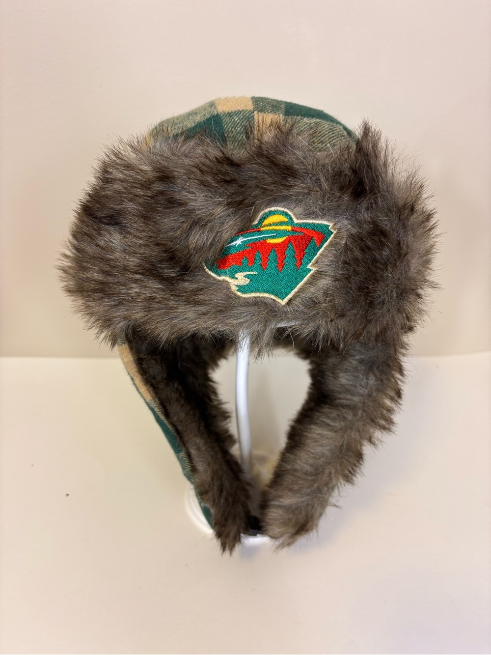 NHL Minnesota Wild Hockey Green & Tan Plaid Faux Fur Trapper Winter Hat Unisex